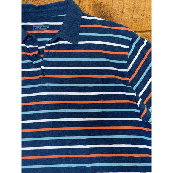 Mens Patagonia Blue Orange Stripe Short Sleeve Organic Cotton Polo Shirt XL - Picture 3 of 9